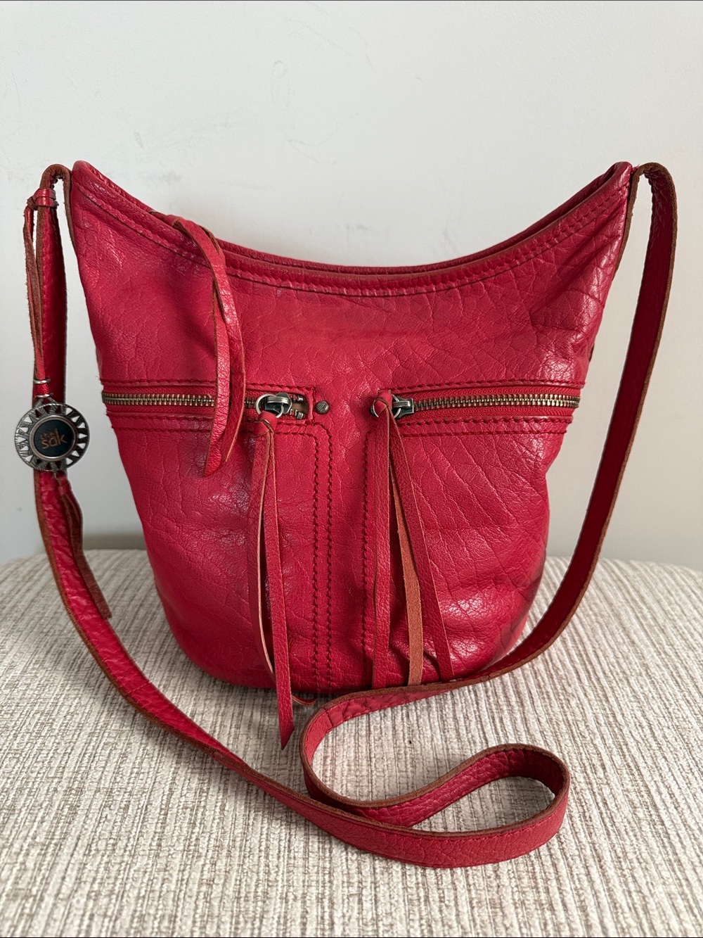 The Sak Reseda Red Leather Crossbody Bucket Bag Zip Tassel Boho Purse
